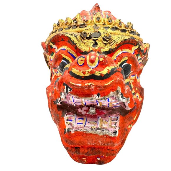 Traditional Handcrafted Thai Khon Mask Wall Art Intricate Red Gold Detail - Picture 1 of 9